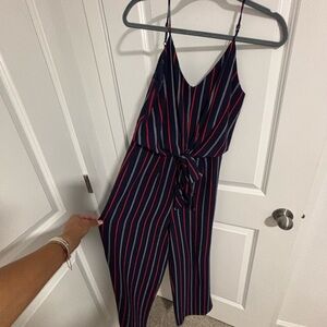 Monteau Red, White & Blue Jumpsuit with V-Neck and Wide Legs